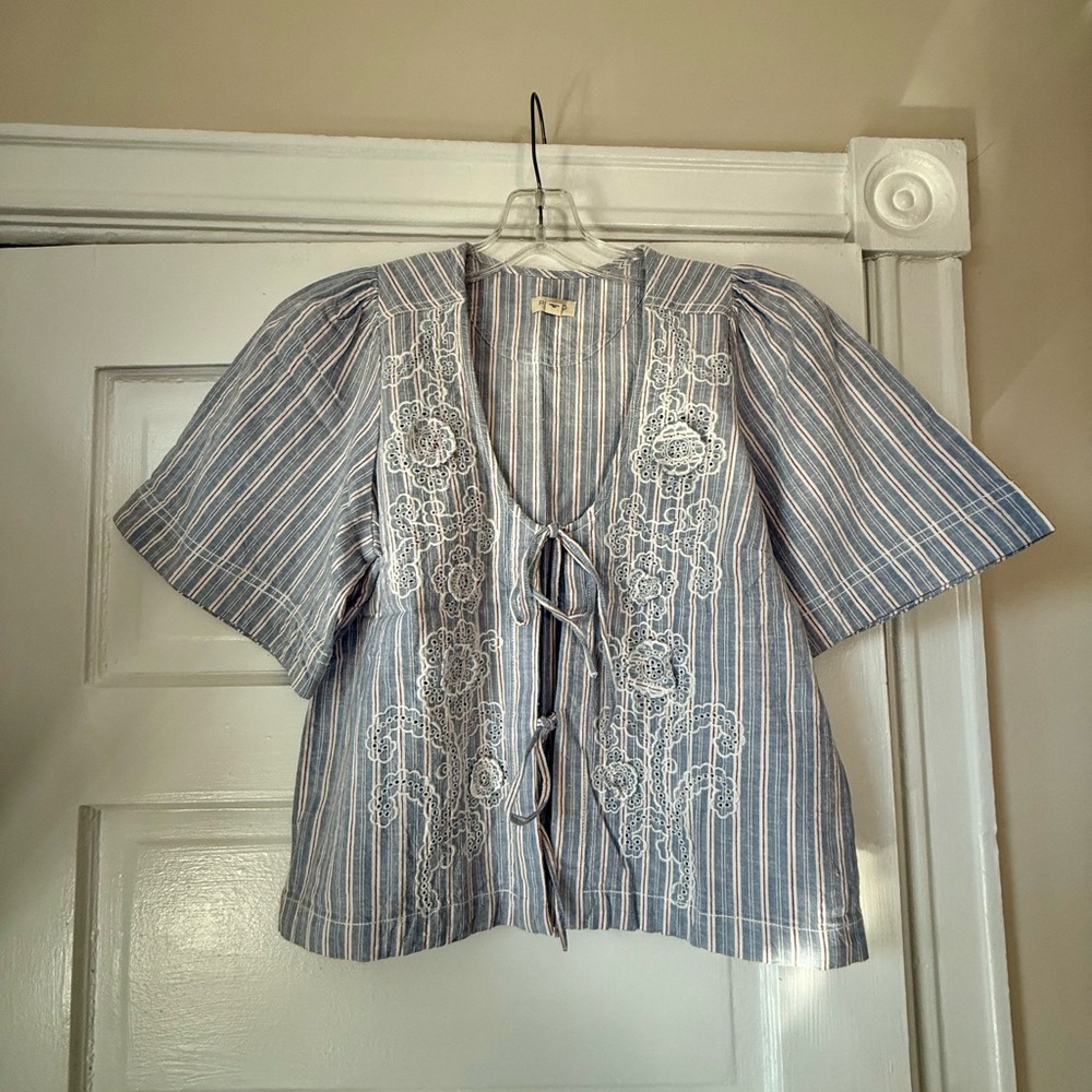 Anthropologie Blue and White Striped Embroidered Tie-Front Blouse